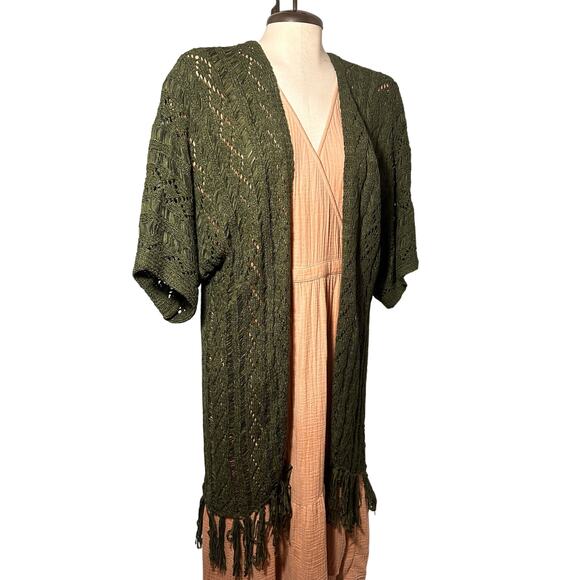 Rock & Roll Denim Olive Green Open Knit Fringe Cardigan Women’s Large Boho - Picture 1 of 11